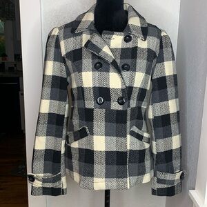 Yoki New York Plaid Peacoat M Black White Buffalo Check Wool Blend Jacket Winter